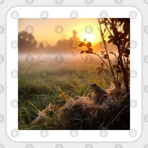 Sunrise over a green meadow fog rises in the summer and frog sitting on the front Sticker by Andrew World